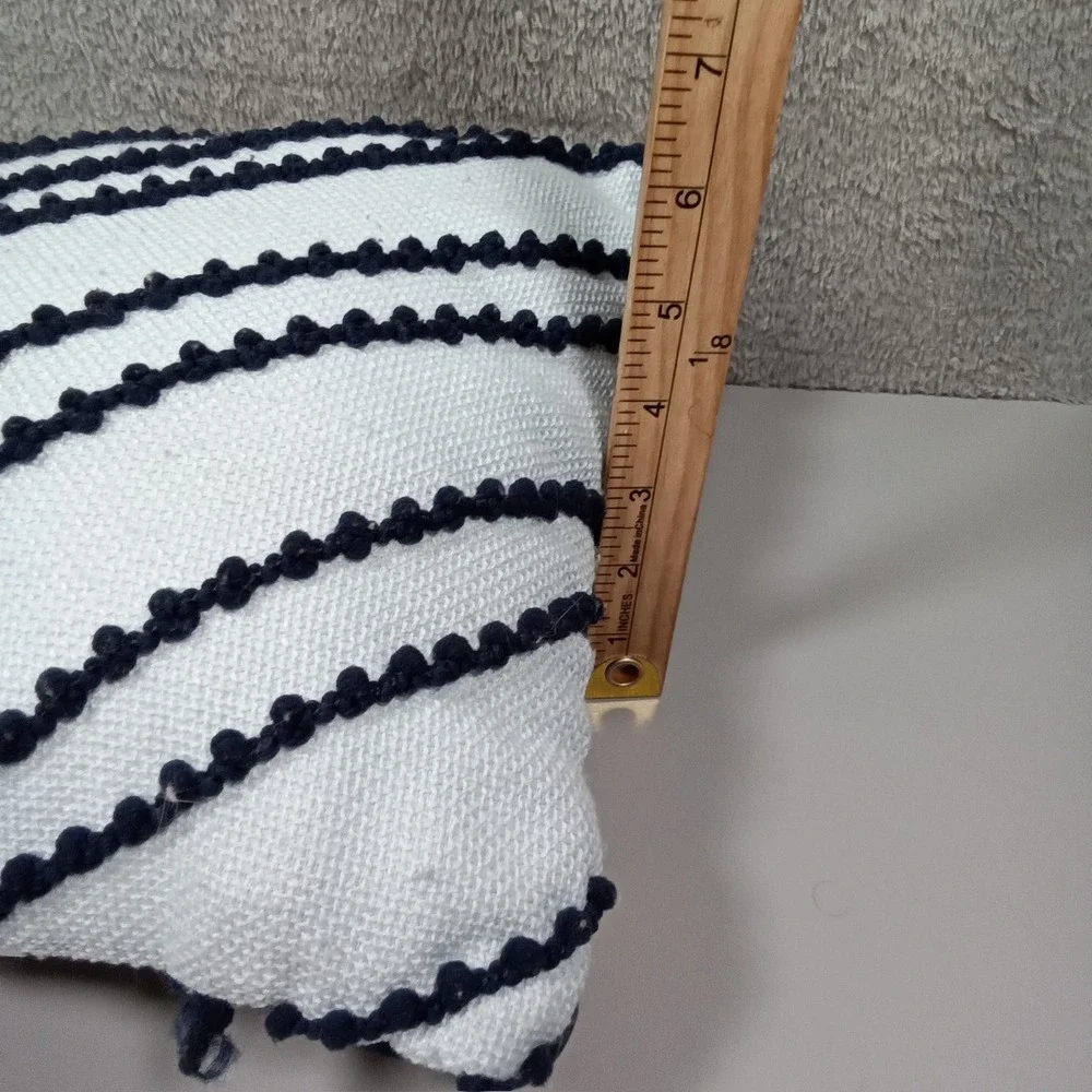 Mainstays‎ Navy Blue White Pom Pom Striped Decorative Throw Pillow 16x12 Boho
